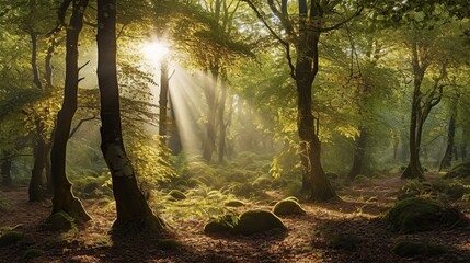 Obraz premium Sunbeams in misty forest.