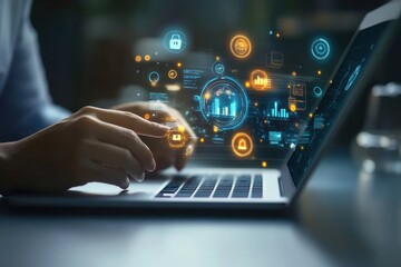 Close-up of hands typing on a laptop, with digital interface elements hovering above