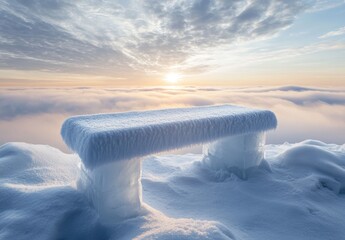 Obraz premium Frozen bench atop snowy mountain overlooking clouds at sunrise