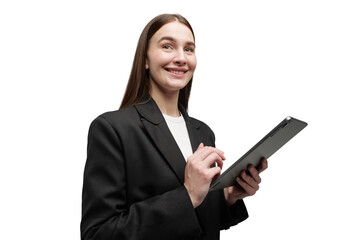 Young professional engaging with a tablet, showcasing innovation and confidence empty background