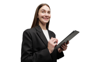 Young professional engaging with a tablet, showcasing innovation and confidence empty background