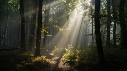 Naklejka premium Sunbeams in Misty Forest Path. (1)