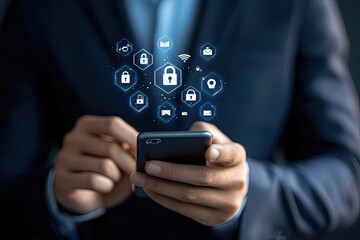 Businessperson holding phone, security icons hover