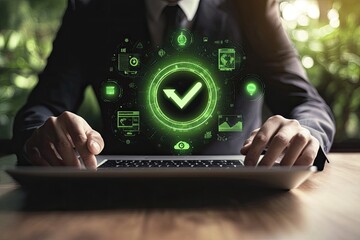 Businessman working on laptop with glowing green checkmark graphic