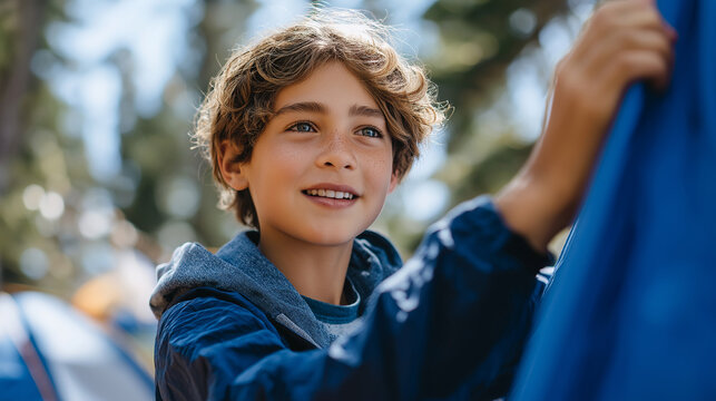 Young campers setting up a tent in a sunny forest