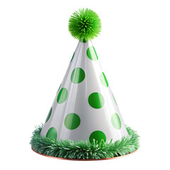 White party hat with green polka dots and fluffy green pompom isolated on a transparent background birthday