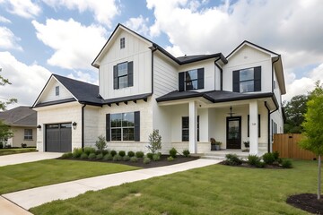 the exterior front view of an single family house in Austin, Texas with white walls and black trim,house, home, architecture, building, exterior, residential, sky, garden, lawn, new, luxury, window, 