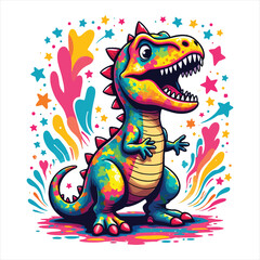 Obraz premium Colorful dinosaur illustration with stars and paint splatters