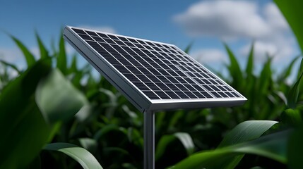 Solar panel in a lush green field under a blue sky with clouds.