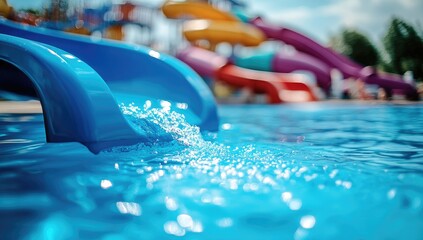 Bright blue water slide spills into a pool.  Blurred colorful water park background