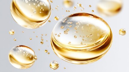 Golden serum droplet splash with air bubbles skincare concept