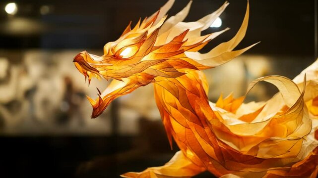 Illuminated dragon sculpture with layered translucent scales