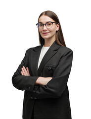 Confident young woman in stylish black blazer with glasses poses with crossed arms against a...