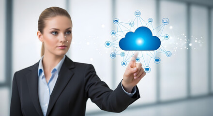 Woman in suit touching cloud computing interface with various connected icons on transparent background