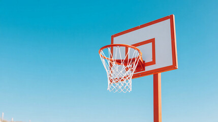 Basketball hoop under clear blue sky at outdoor court showcasing sports equipment and urban recreation facilities