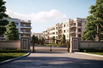 Elegant wrought iron gate securing access to modern residential apartment buildings, offering safety and exclusivity