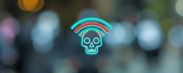 wi fi signal with skull icon, fake hotspot threat theme, minimal symbol style — public network danger