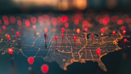 US map with numerous glowing red location pins
