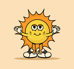 Retro sun cartoon character illustration. Cute and cheerful mascot design in vintage style