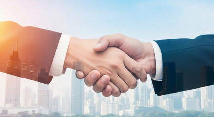Close-up of two hands shaking, superimposed over cityscape, symbolizing business partnership, agreement, and collaboration