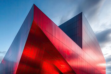 Modern, red, and dark facade of a building with geometric angles, reflecting light