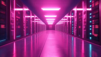 Neon-lit server rack hallway