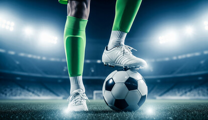 Soccer player's foot on ball in stadium, showcasing athleticism and game readiness.  Green socks, white cleats, powerful stance symbolizing sport, competition.