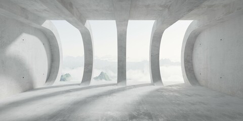 Abstract empty, modern concrete room with round bend pillars, open back wall with mountain view and rough floor - industrial interior background template