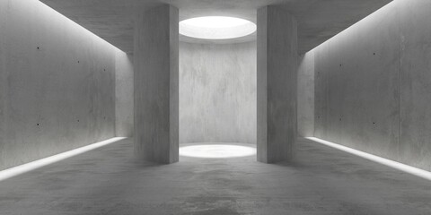 Abstract empty, modern concrete room with round open center, sunlight openings and rough floor - industrial interior background template
