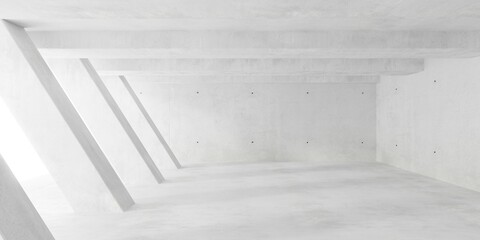 Abstract empty, modern concrete room with series of diagonal pillars, ceiling beams and rough floor - industrial interior background template