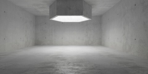 Abstract empty, modern concrete room with hexagonal light shaft in the center and rough floor - industrial interior background template