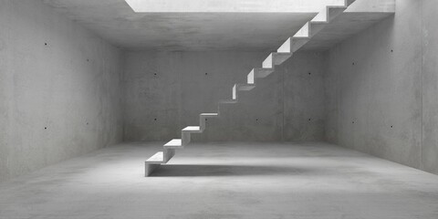 Abstract empty, modern concrete room with stairs and rough floor - industrial interior background template