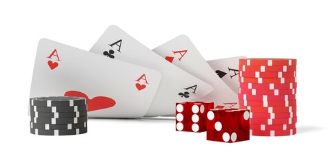 Four aces playing cards overlapping bend flat on white table background with stacks of red and black casino chips or jetons and red dice