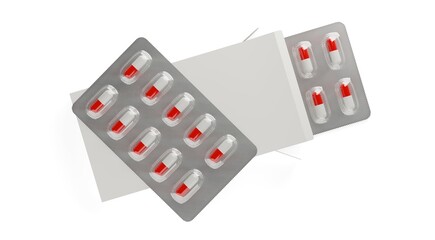 White box with pill blister inside and on top with red and white pill capsules on white background flat lay top view from above