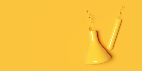Single yellow test tube and flask on yellow background, modern minimal science, chemistry or medical concept background
