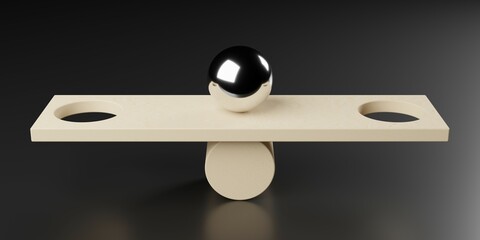 Chrome ball or sphere balancing on wooden seesaw with two holes over gray gradient background, abstract balance, stability or risk management concept