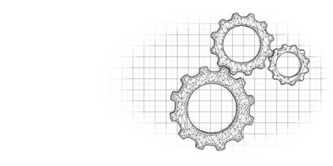 Group of three black low-poly wireframe gears or cogwheels on white math grid background with copy space, technolgy, engineering or business background concept