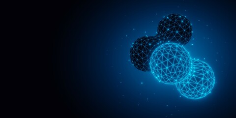 Two abstract blue low poly wireframe hydrogen H2 molecule over black background, clean energy or chemistry concept
