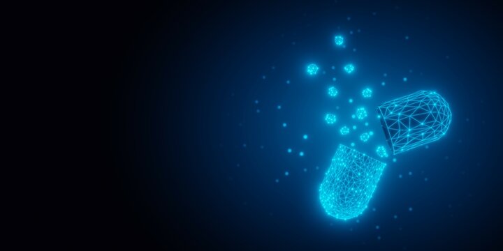 Blue glowing low-poly wireframe pill capsule on black background with copy space, science, bio technology or medical background concept