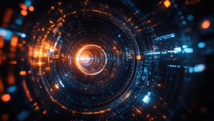 Abstract digital tunnel with concentric circles of glowing orange and blue light