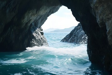 Ocean View From Cave Entrance with Waves and Distant Mountains