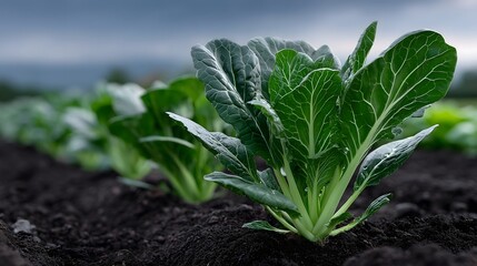 Fresh Green Vegetable Plants in a Fertile Farm Field under Cloudy Sky

