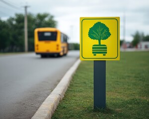 Eco-conscious school zone sign beside parked bus, Electric school bus