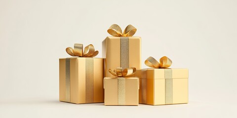Four golden gift boxes with gold ribbons