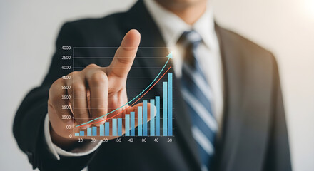 A businessman pointing at a rising bar graph with arrows in a suit and tie attire on transparent background