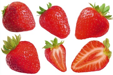 Fresh strawberries with cut section, glossy red fruit display highlighting texture and juiciness isolated on white background