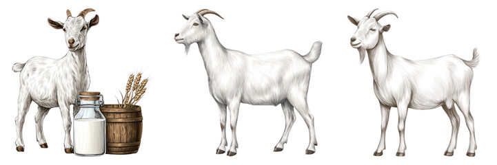 White goat with milk bottle and wooden barrel, rustic farm animals standing calmly