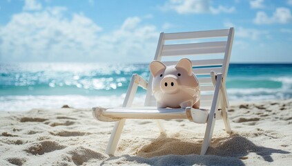Piggy bank on beach chair, sunny day