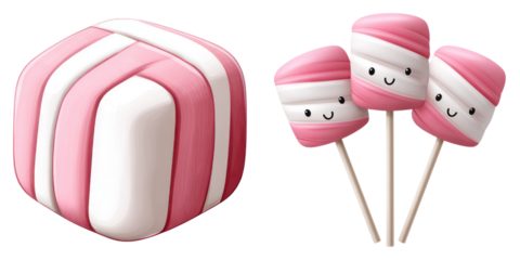 Pink white marshmallow candy with happy face and cube shape sweet treat