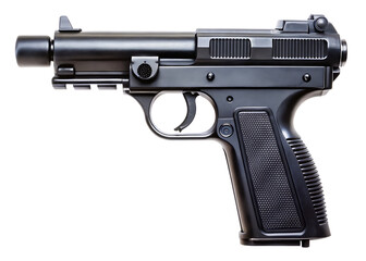 Black futuristic sci-fi blaster pistol with textured grip and vented slide isolated on a transparent background